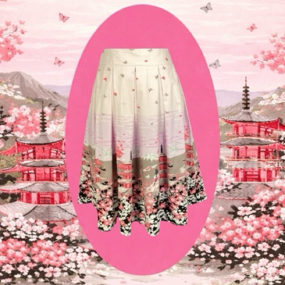 No Tag Dresses & Skirts - Vintage Retro Style Pink Multicolor Japanese Landscape Print A-Line Skirt Size L